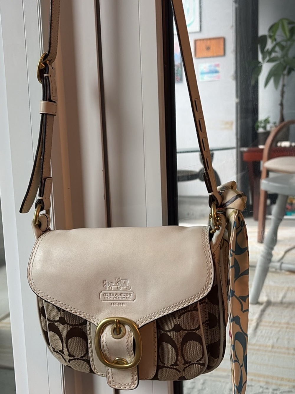 Coach Cream Leather & Brown Signature Canvas Crossbody
